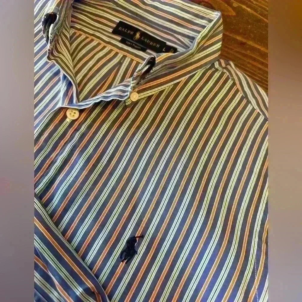 POLO RALPH LAUREN Blue & Orange Striped Button Down Poplin‎ Shirt Size Large
